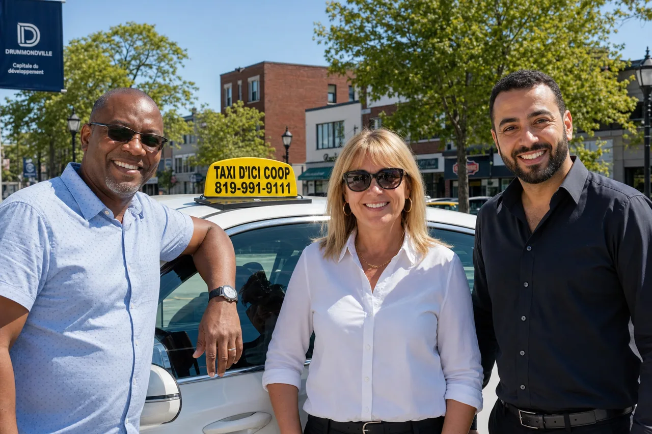 L'équipe de chauffeurs de Taxi d'ici Coop devant un véhicule à Drummondville