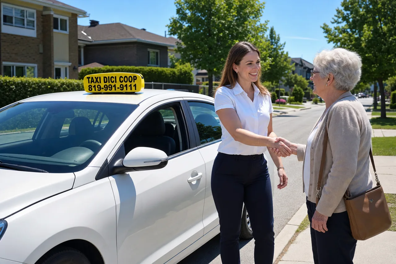 Chauffeuse de Taxi d'ici Coop saluant une cliente aînée satisfaite