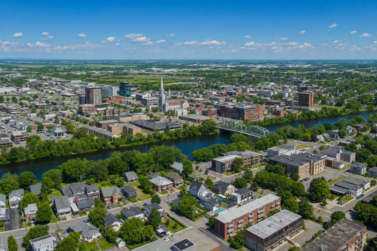 Vue aérienne de Drummondville au crépuscule